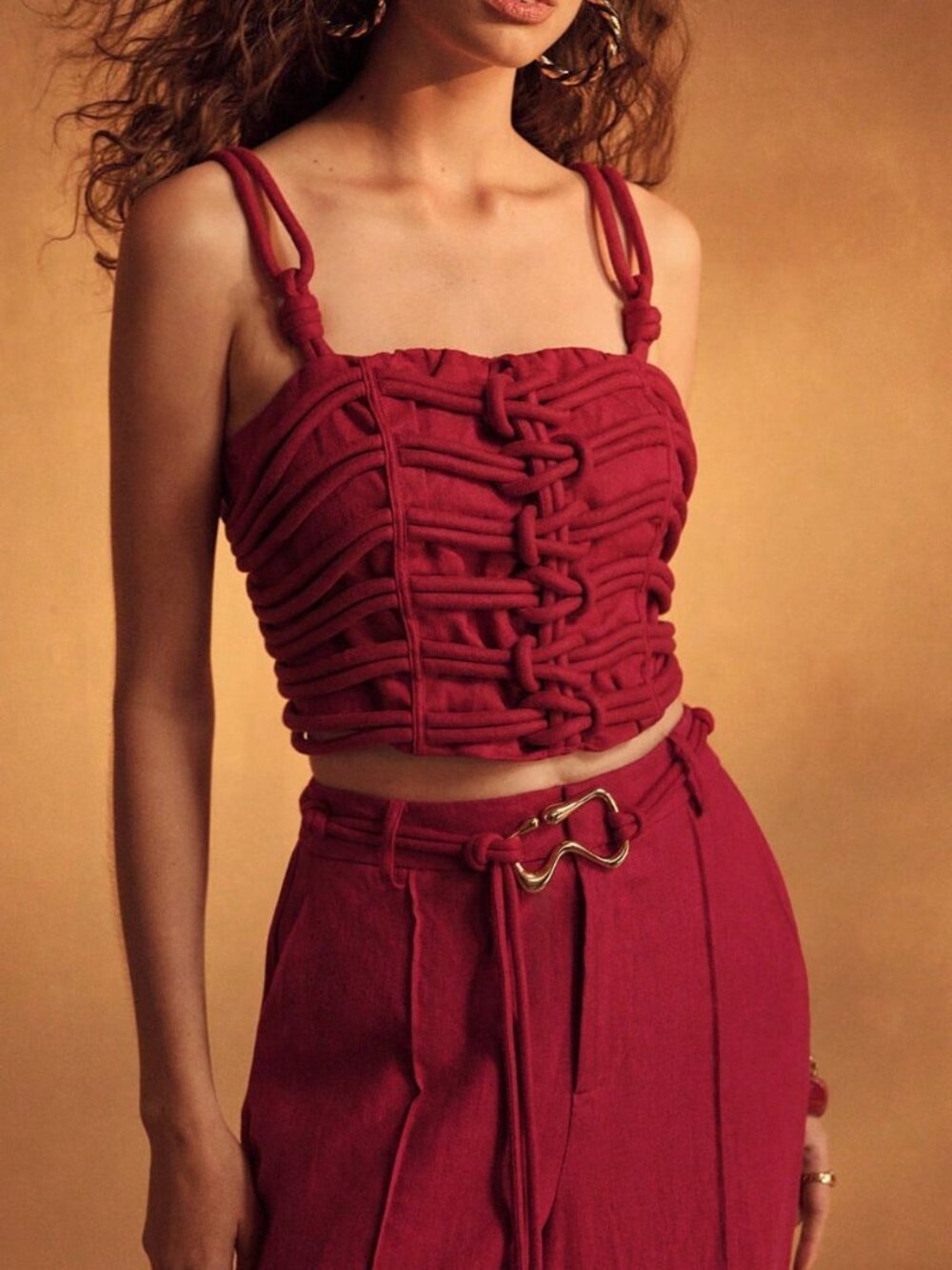 Red Casual Women's Linen Braided Strap Camisole Top